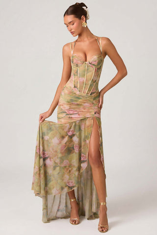 Asymmetric Corset Gown with Floral Mesh