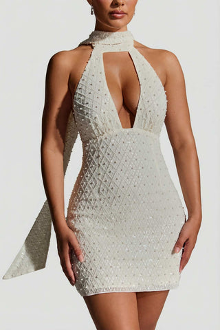 Embellished Halterneck Mini Dress with Scarf Detail