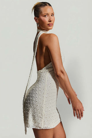 Embellished Halterneck Mini Dress with Scarf Detail