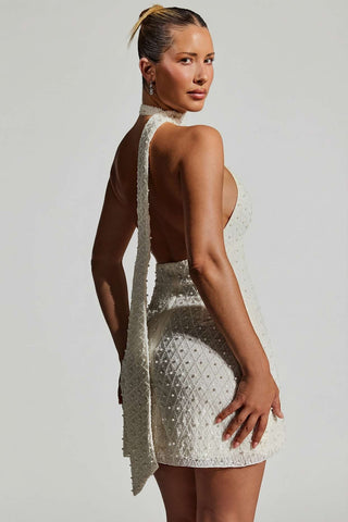 Embellished Halterneck Mini Dress with Scarf Detail