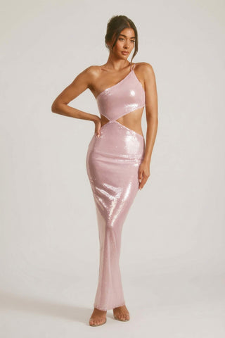 Sequin One Shoulder Cut Out Maxi Dress