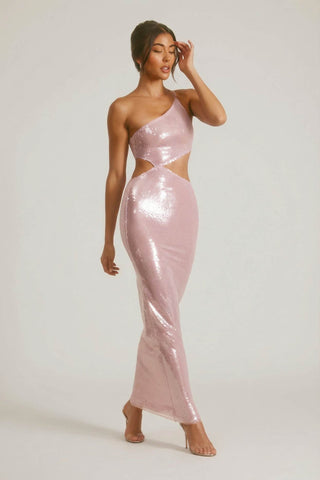 Sequin One Shoulder Cut Out Maxi Dress