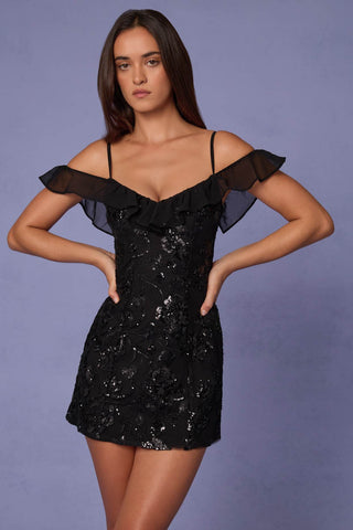 Floral Sequin Cold Shoulder Mini Dress