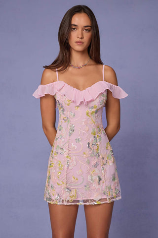 Floral Sequin Cold Shoulder Mini Dress