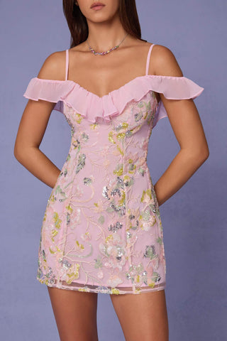 Floral Sequin Cold Shoulder Mini Dress