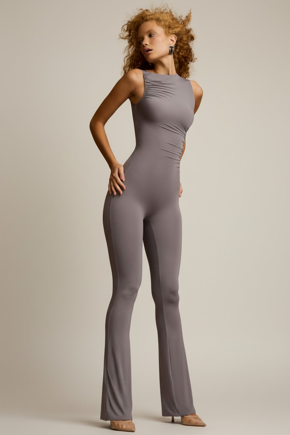 Asymmetric Ruched Jumpsuit with Flared Hem