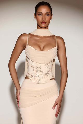 Embellished Lace Up Corset Top With Scarf