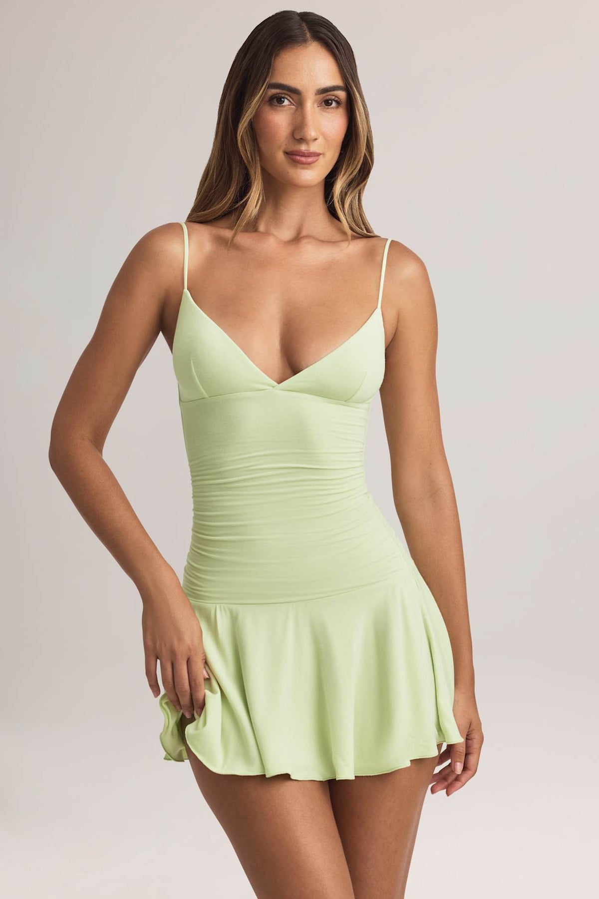 Sage Green Ruched A Line Mini Dress