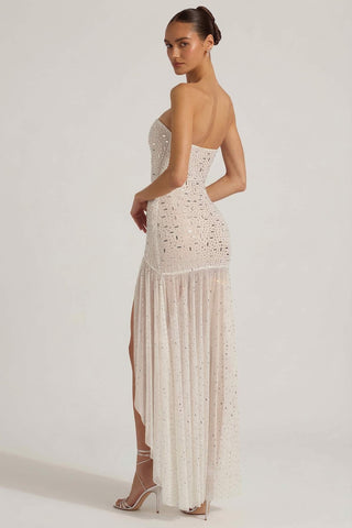 Semi Sheer Embellished Asymmetric Maxi Dress
