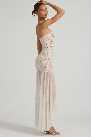Semi Sheer Embellished Asymmetric Maxi Dress
