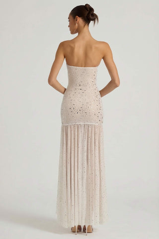 Semi Sheer Embellished Asymmetric Maxi Dress