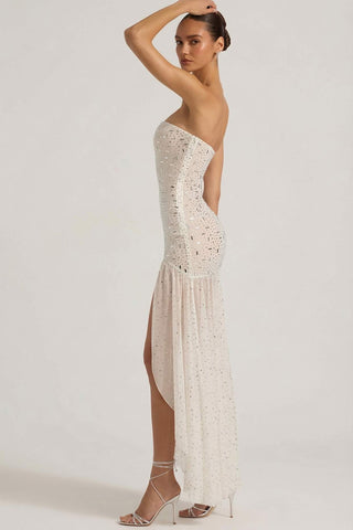 Semi Sheer Embellished Asymmetric Maxi Dress
