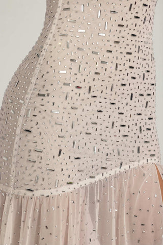 Semi Sheer Embellished Asymmetric Maxi Dress