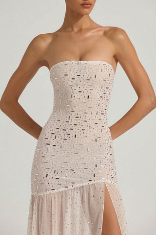 Semi Sheer Embellished Asymmetric Maxi Dress