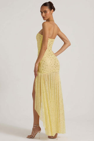 Semi Sheer Embellished Asymmetric Maxi Dress