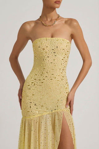 Semi Sheer Embellished Asymmetric Maxi Dress