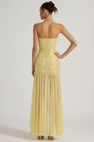 Semi Sheer Embellished Asymmetric Maxi Dress