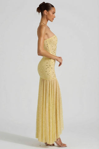 Semi Sheer Embellished Asymmetric Maxi Dress