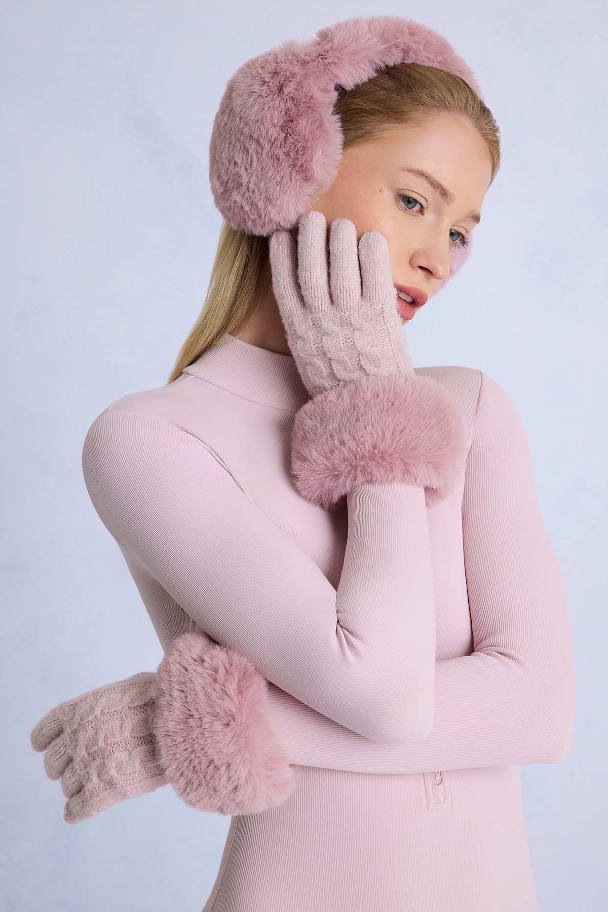 Powder Pink Cable Knit Gloves with Faux Fur Cuffs