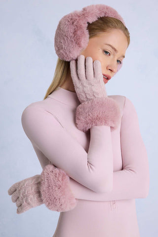 Powder Pink Cable Knit Gloves with Faux Fur Cuffs