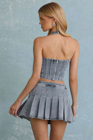 Low Rise Pleated Denim Mini Skirt