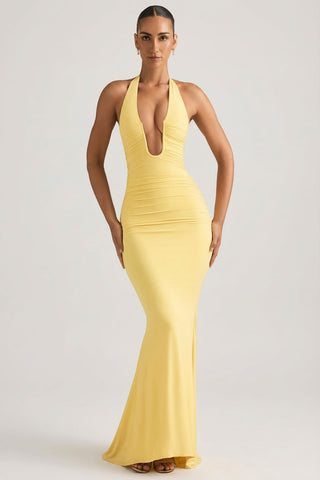 Backless Halterneck Gown with Ruched Detail
