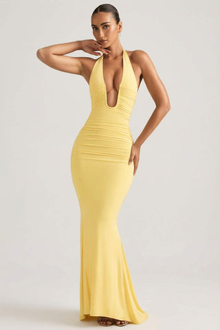 Backless Halterneck Gown with Ruched Detail
