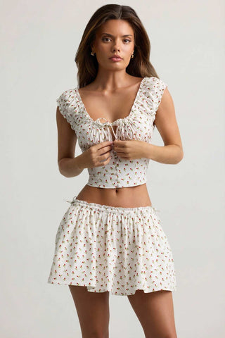 Ruched Mini Skirt with Drawstring Ties