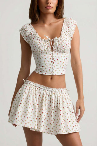 Ruched Mini Skirt with Drawstring Ties