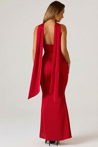 Scarf Detail Strapless Satin Gown