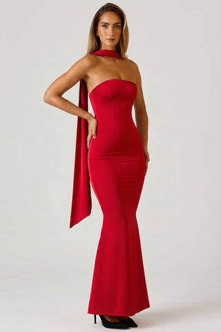Scarf Detail Strapless Satin Gown