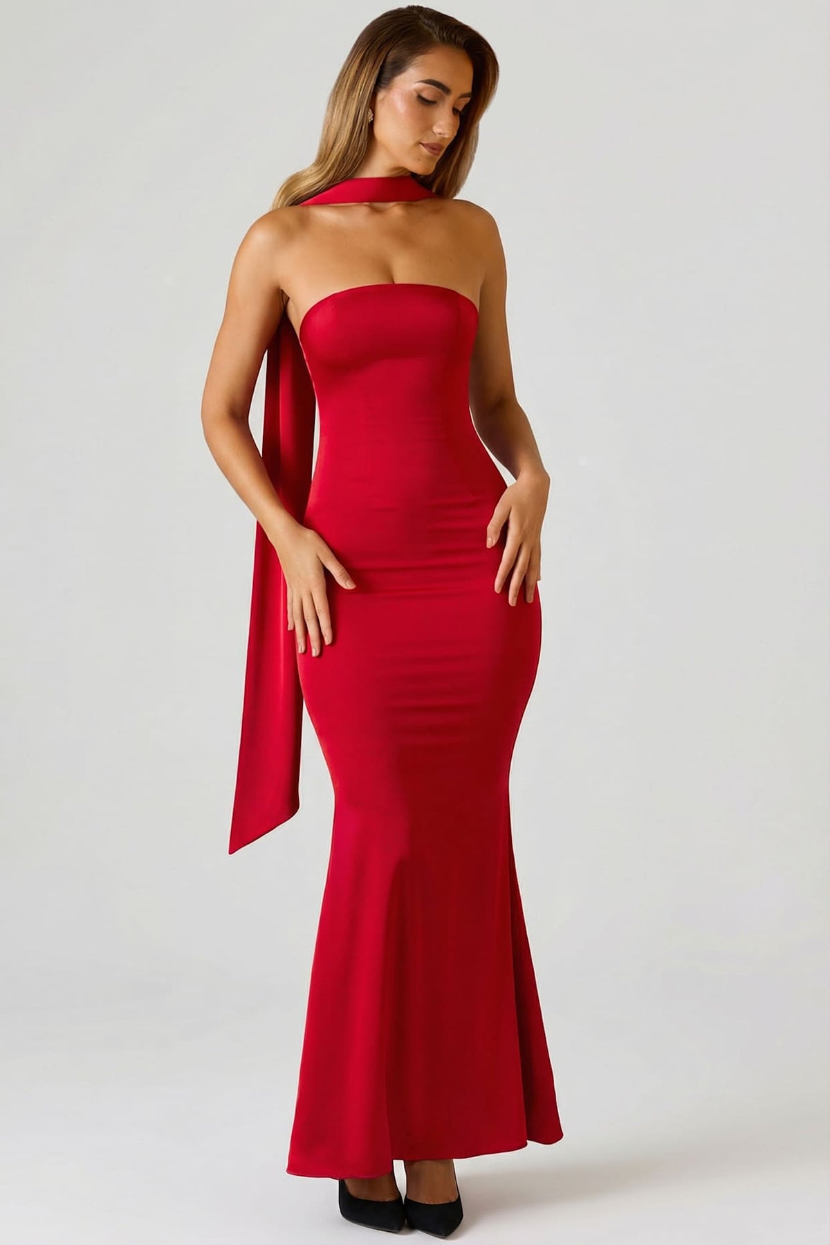 Scarf Detail Strapless Satin Gown