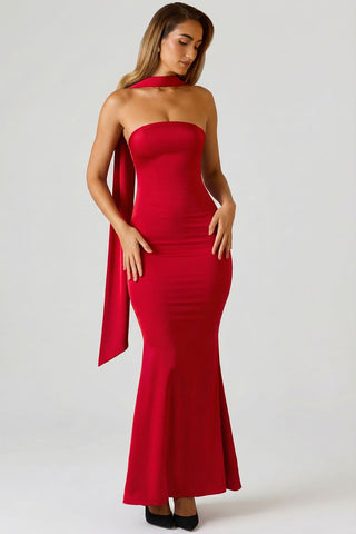Scarf Detail Strapless Satin Gown