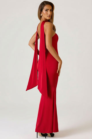Scarf Detail Strapless Satin Gown
