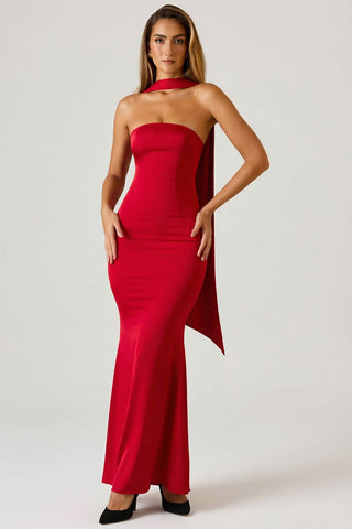 Scarf Detail Strapless Satin Gown