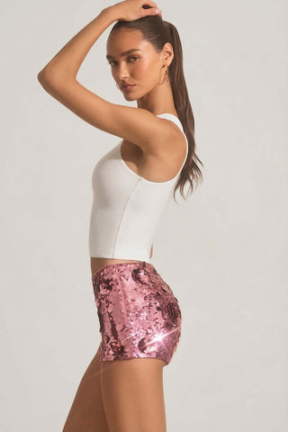 Sparkling Sequin Shorts with Floral Embellishment
