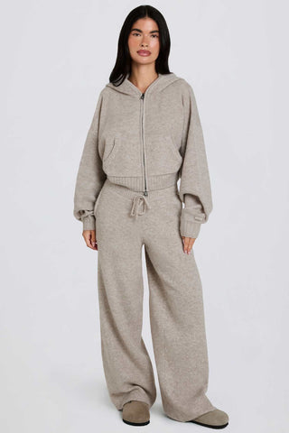 Beige Knit Wide Leg Joggers