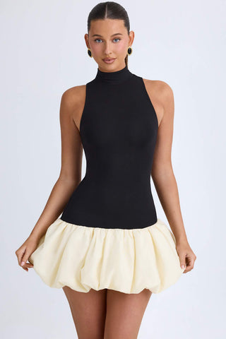 Turtleneck Drop Waist Bubble Hem Mini Dress