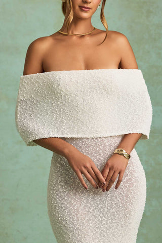 Off Shoulder Boucle Maxi Dress