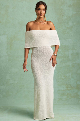 Off Shoulder Boucle Maxi Dress