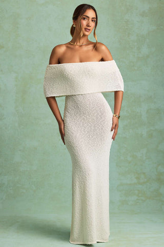 Off Shoulder Boucle Maxi Dress