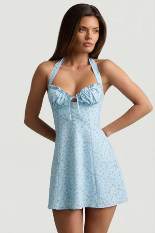 Floral Ruched Halterneck Mini Dress