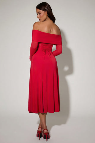 Off Shoulder Lace Up Midi Dress