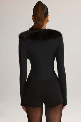 Faux Fur Trim Plunge Playsuit