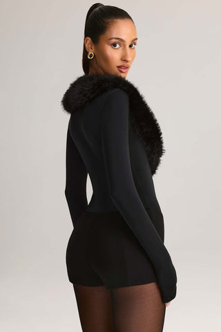 Faux Fur Trim Plunge Playsuit