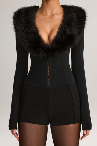 Faux Fur Trim Plunge Playsuit