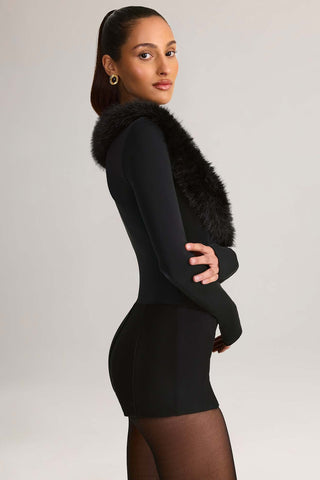 Faux Fur Trim Plunge Playsuit