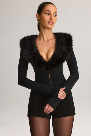Faux Fur Trim Plunge Playsuit