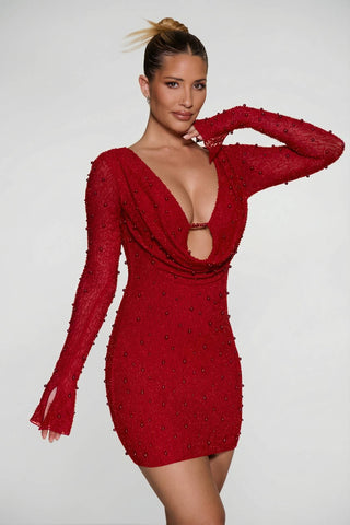 Embellished Plunge Mini Dress with Flared Mesh Sleeves