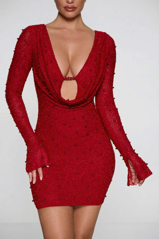 Embellished Plunge Mini Dress with Flared Mesh Sleeves